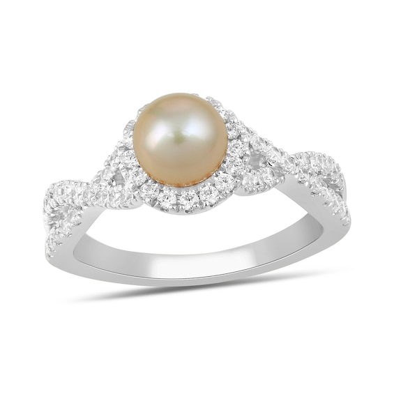 6.0mm Pink Freshwater Cultured Pearl and 1/2 CT. T.w. Lab-Grown Diamond Frame Crossover Shank Ring in 14K White Gold