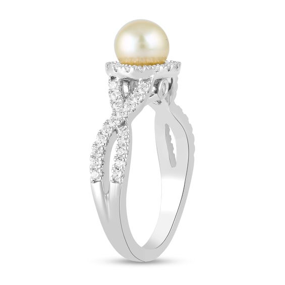 6.0mm Pink Freshwater Cultured Pearl and 1/2 CT. T.w. Lab-Grown Diamond Frame Crossover Shank Ring in 14K White Gold