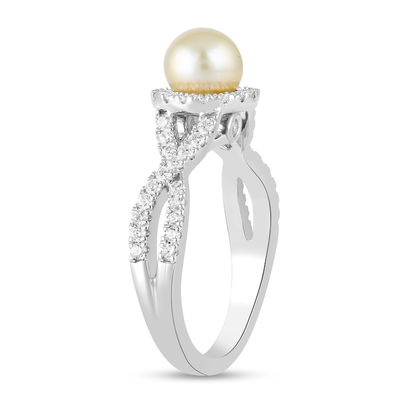 Main Image 2 of 6.0mm Pink Freshwater Cultured Pearl and 1/2 CT. T.W. Lab-Grown Diamond Frame Crossover Shank Ring in 14K White Gold