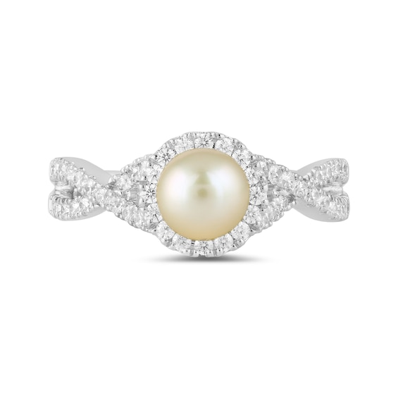 6.0mm Pink Freshwater Cultured Pearl and 1/2 CT. T.w. Lab-Grown Diamond Frame Crossover Shank Ring in 14K White Gold