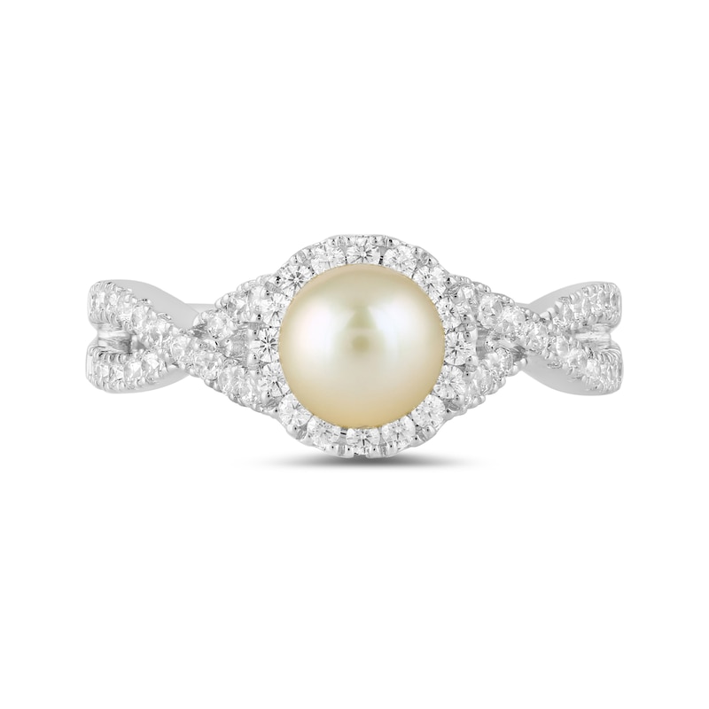 Main Image 3 of 6.0mm Pink Freshwater Cultured Pearl and 1/2 CT. T.W. Lab-Grown Diamond Frame Crossover Shank Ring in 14K White Gold