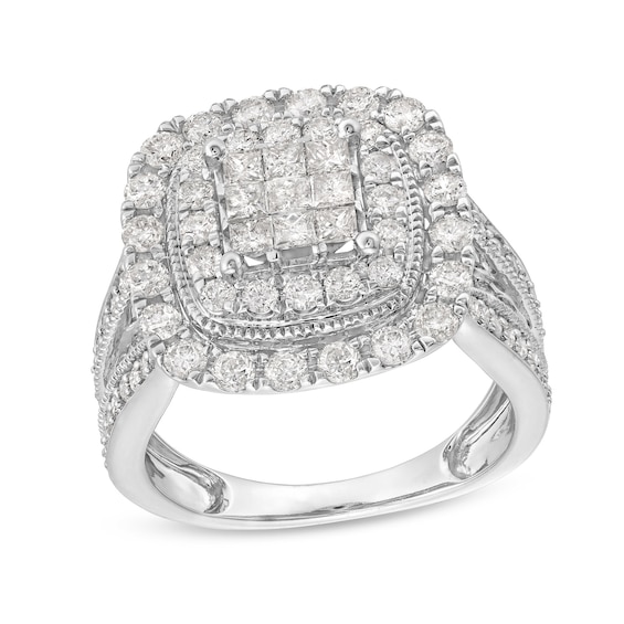 2 CT. T.w. Princess-Cut Multi-Diamond Double Cushion Frame Multi-Row Engagement Ring in 10K White Gold