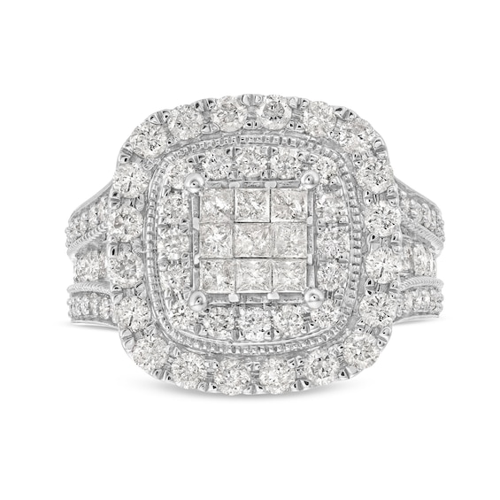 2 CT. T.w. Princess-Cut Multi-Diamond Double Cushion Frame Multi-Row Engagement Ring in 10K White Gold