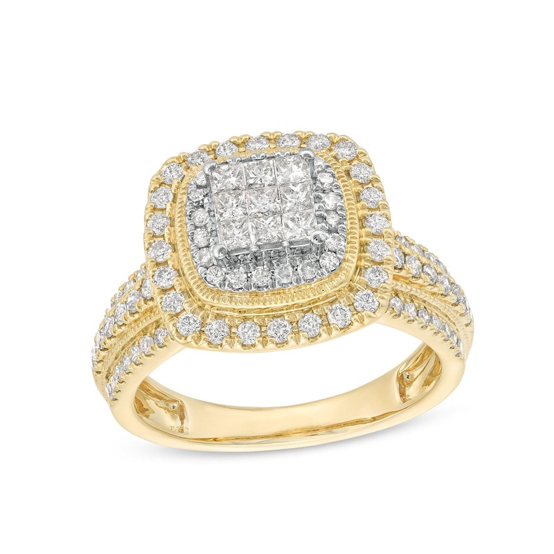 Main Image 1 of 1 CT. T.W. Princess-Cut Multi-Diamond Double Cushion Frame Triple Row Engagement Ring in 10K Gold