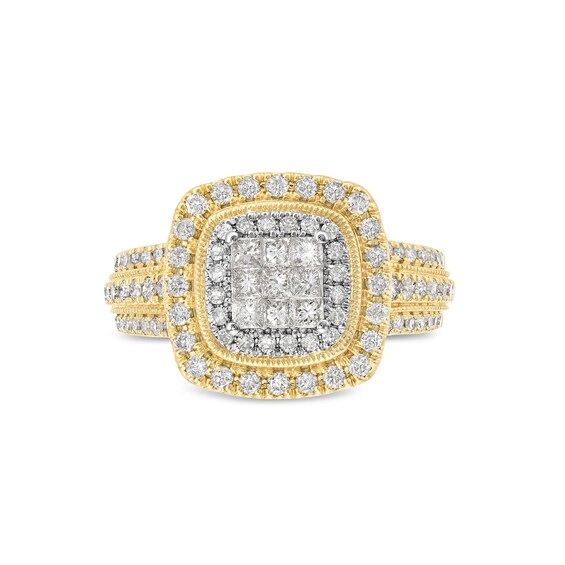 1 CT. T.w. Princess-Cut Multi-Diamond Double Cushion Frame Triple Row Engagement Ring in 10K Gold