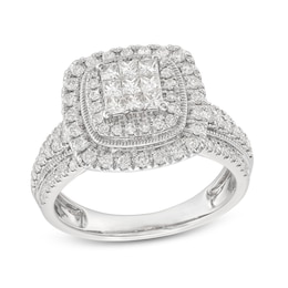 1 CT. T.W. Princess-Cut Multi-Diamond Double Cushion Frame Triple Row Engagement Ring in 10K White Gold