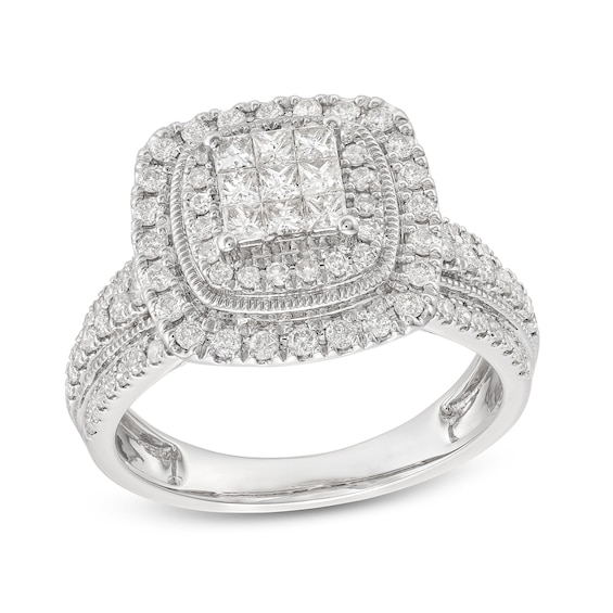 1 CT. T.w. Princess-Cut Multi-Diamond Double Cushion Frame Triple Row Engagement Ring in 10K White Gold