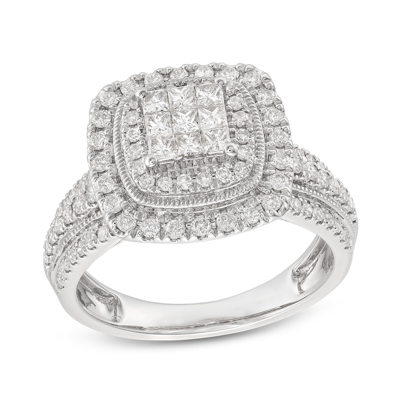 Main Image 1 of 1 CT. T.W. Princess-Cut Multi-Diamond Double Cushion Frame Triple Row Engagement Ring in 10K White Gold