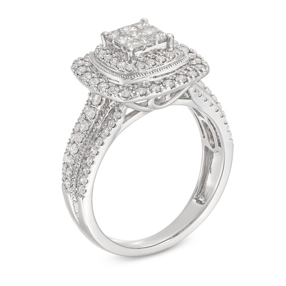 1 CT. T.w. Princess-Cut Multi-Diamond Double Cushion Frame Triple Row Engagement Ring in 10K White Gold