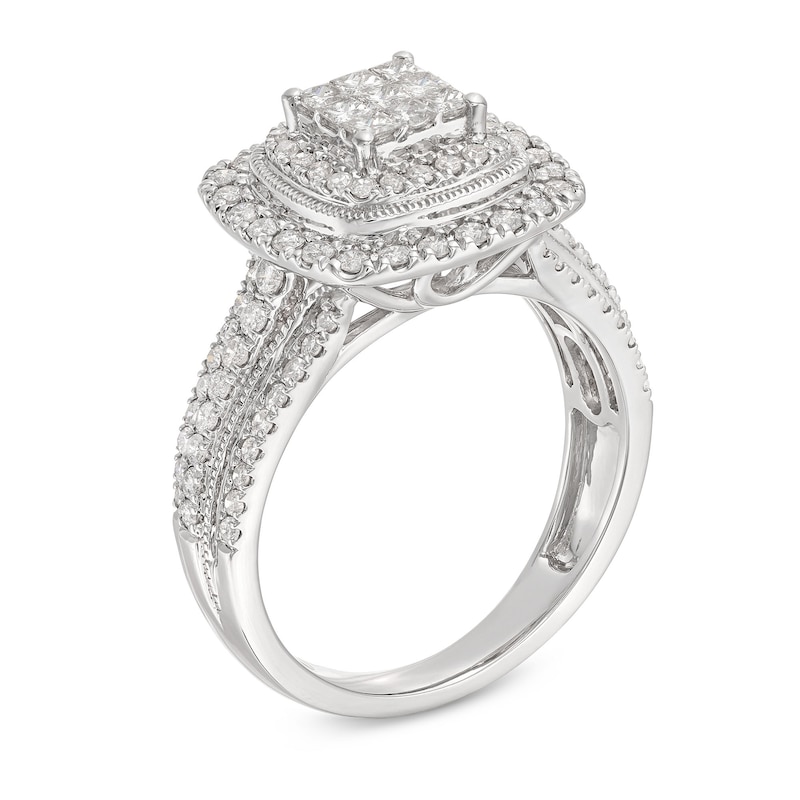 Main Image 2 of 1 CT. T.W. Princess-Cut Multi-Diamond Double Cushion Frame Triple Row Engagement Ring in 10K White Gold