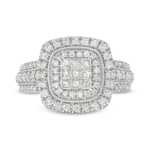1 CT. T.w. Princess-Cut Multi-Diamond Double Cushion Frame Triple Row Engagement Ring in 10K White Gold