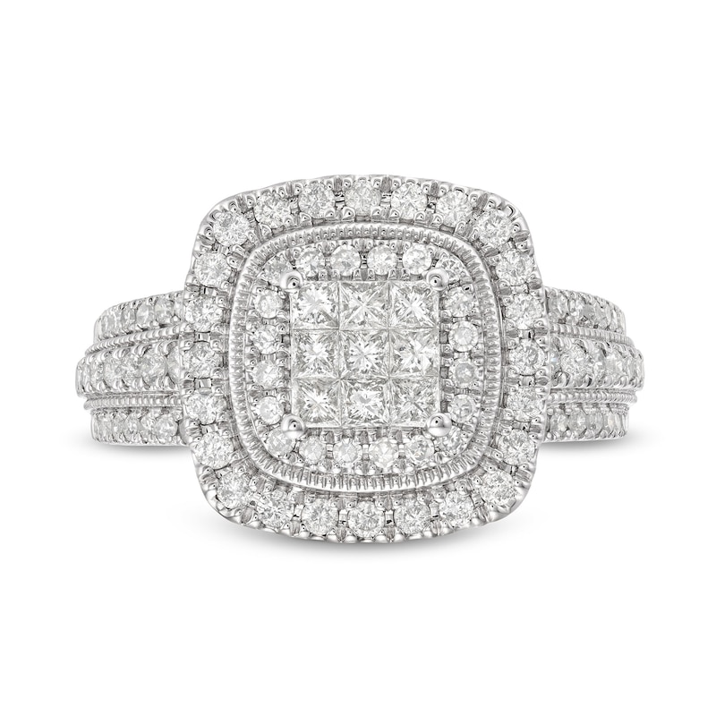 Main Image 3 of 1 CT. T.W. Princess-Cut Multi-Diamond Double Cushion Frame Triple Row Engagement Ring in 10K White Gold