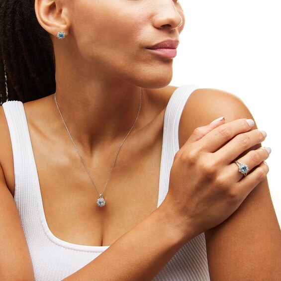 Certified Swiss Blue Topaz and White Lab-Created Sapphire Snowflake Pendant, Ring and Earrings Set in Sterling Silver