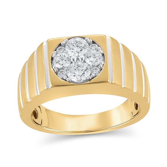 1 CT. T.w. Multi-Diamond Square-Top Ribbed Shank Ring in 14K Two-Tone Gold