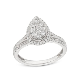1/2 CT. T.W. Pear-Shaped Multi-Diamond Frame Split Shank Vintage-Style Engagement Ring in 10K White Gold