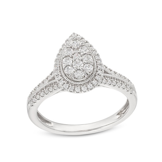 1/2 CT. T.w. Pear-Shaped Multi-Diamond Frame Split Shank Vintage-Style Engagement Ring in 10K White Gold