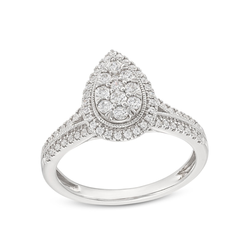 Main Image 1 of 1/2 CT. T.W. Pear-Shaped Multi-Diamond Frame Split Shank Vintage-Style Engagement Ring in 10K White Gold