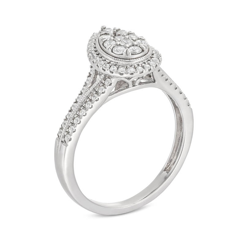 Main Image 2 of 1/2 CT. T.W. Pear-Shaped Multi-Diamond Frame Split Shank Vintage-Style Engagement Ring in 10K White Gold