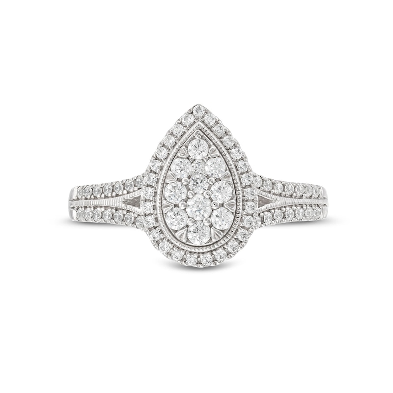 Main Image 3 of 1/2 CT. T.W. Pear-Shaped Multi-Diamond Frame Split Shank Vintage-Style Engagement Ring in 10K White Gold