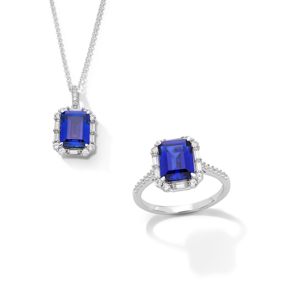 Emerald-Cut Blue and White Lab-Created Sapphire Frame Pendant and Ring Set in Sterling Silver - Size 7