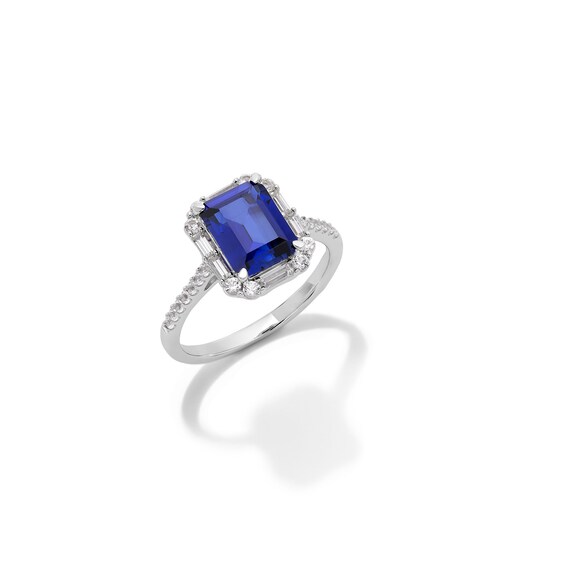 Emerald-Cut Blue and White Lab-Created Sapphire Frame Pendant and Ring Set in Sterling Silver - Size 7