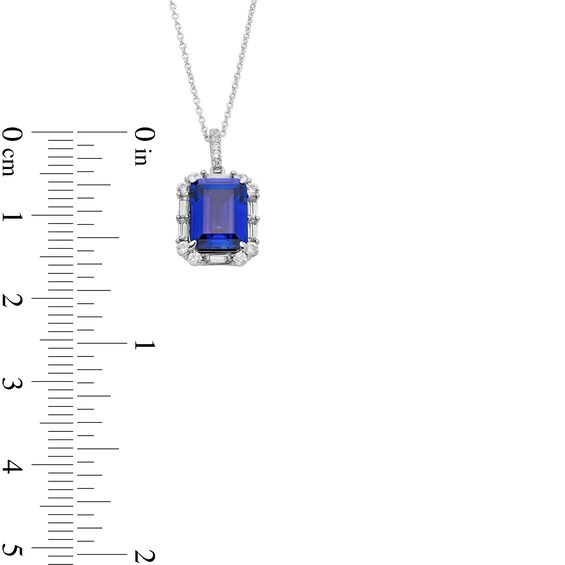 Emerald-Cut Blue and White Lab-Created Sapphire Frame Pendant and Ring Set in Sterling Silver - Size 7