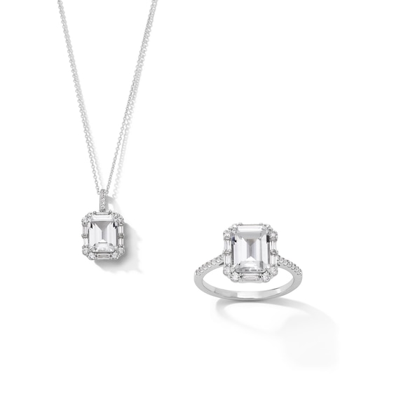 Emerald-Cut White Lab-Created Sapphire Frame Pendant and Ring Set in Sterling Silver