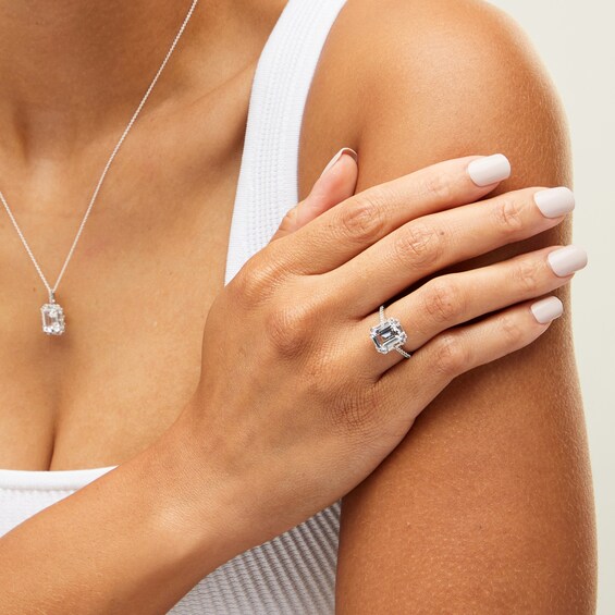 Emerald-Cut White Lab-Created Sapphire Frame Pendant and Ring Set in Sterling Silver