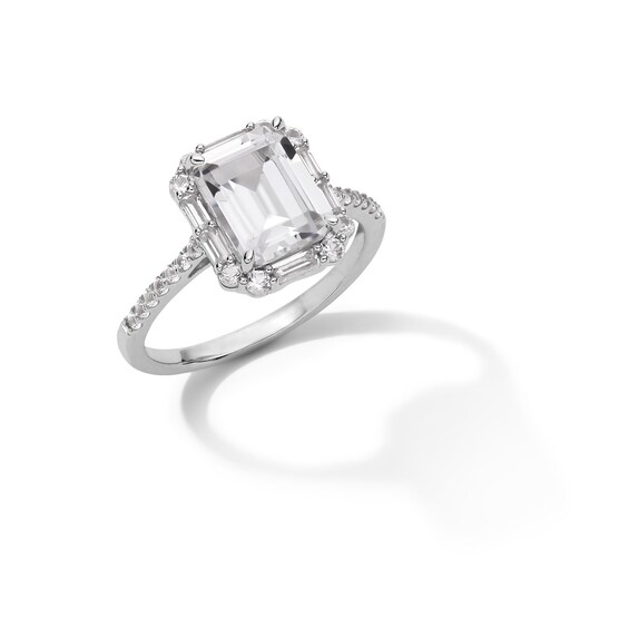 Emerald-Cut White Lab-Created Sapphire Frame Pendant and Ring Set in Sterling Silver