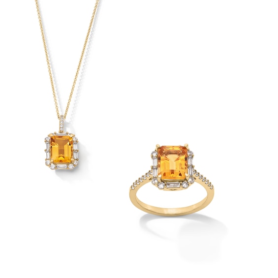 Emerald-Cut Citrine and White Lab-Created Sapphire Frame Pendant and Ring Set in Sterling Silver with 14K Gold Plate