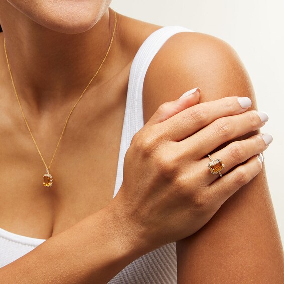 Emerald-Cut Citrine and White Lab-Created Sapphire Frame Pendant and Ring Set in Sterling Silver with 14K Gold Plate