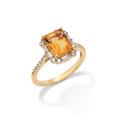 Emerald-Cut Citrine and White Lab-Created Sapphire Frame Pendant and Ring Set in Sterling Silver with 14K Gold Plate