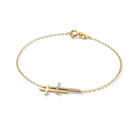 1/10 CT. T.w. Diamond Double Cross Bracelet in 10K Gold