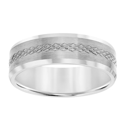7.0mm Florentine-Pattern Beveled Edge Engravable Wedding Band in Titanium (2 Lines)