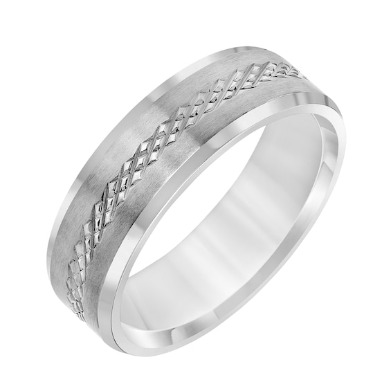 7.0mm Florentine-Pattern Beveled Edge Engravable Wedding Band in Titanium (2 Lines)
