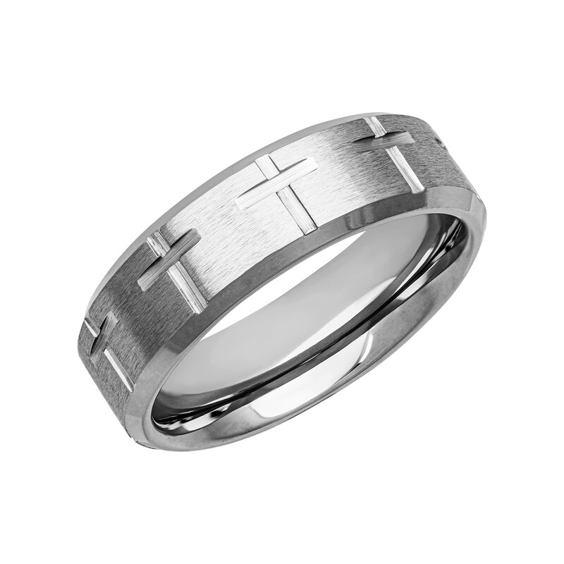 Main Image 2 of 7.0mm Cross-Pattern Engravable Wedding Band in Stainless Steel (2 Lines)