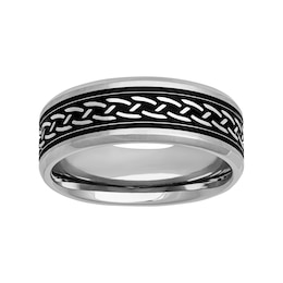 8.0mm Woven-Pattern Engravable Wedding Band in Stainless Steel and Black PVD Plate (2 Lines)