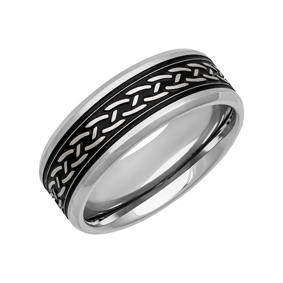 8.0mm Woven-Pattern Engravable Wedding Band in Stainless Steel and Black PVD Plate (2 Lines)