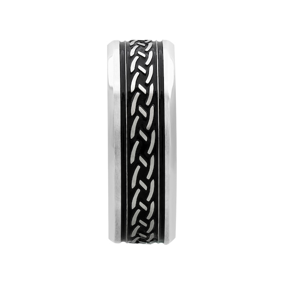 8.0mm Woven-Pattern Engravable Wedding Band in Stainless Steel and Black PVD Plate (2 Lines)