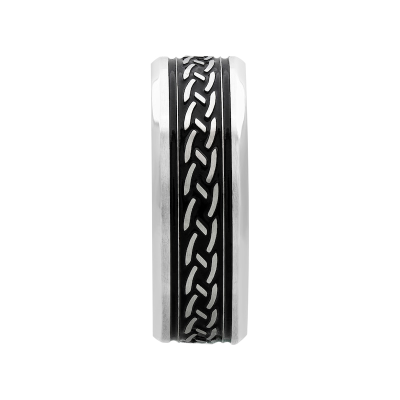 Main Image 3 of 8.0mm Woven-Pattern Engravable Wedding Band in Stainless Steel and Black PVD Plate (2 Lines)