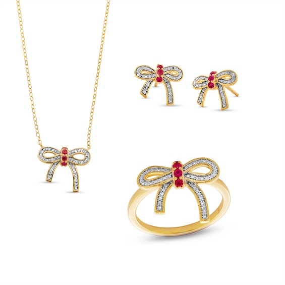 Lab-Created Ruby and 1/10 CT. T.w. Diamond Bow Necklace, Ring and Earrings Set in Sterling Silver with 14K Gold Plate