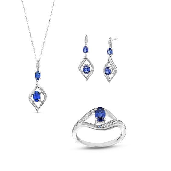 Oval Blue and White Lab-Created Sapphire Bypass Frame Drop Pendant, Earrings and Ring Set in Sterling Silver - Size 7
