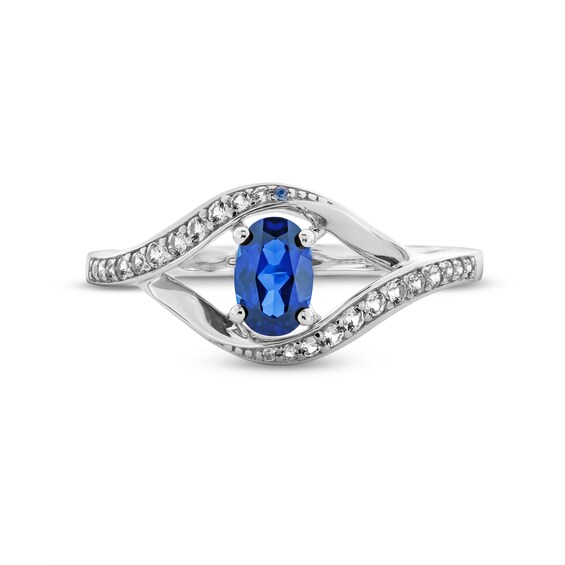 Oval Blue and White Lab-Created Sapphire Bypass Frame Drop Pendant, Earrings and Ring Set in Sterling Silver - Size 7