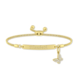 Engravable ID Plate with White Lab-Created Sapphire Butterfly Charm Bolo Bracelet (1 Line) - 8.5"
