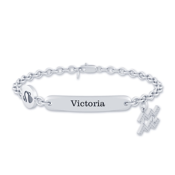 1/10 CT. T.w. Diamond Engravable Aquarius Zodiac Sign ID Plate Charm Bracelet (1 Line) - 8"