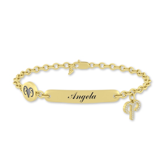 1/15 CT. T.w. Diamond Engravable Aries Zodiac Sign ID Plate Charm Bracelet (1 Line) - 8"