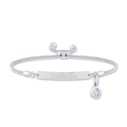 Engravable ID Plate with Pear-Shaped Birthstone Charm Bolo Bracelet (1 Stone and Line) - 8.5"