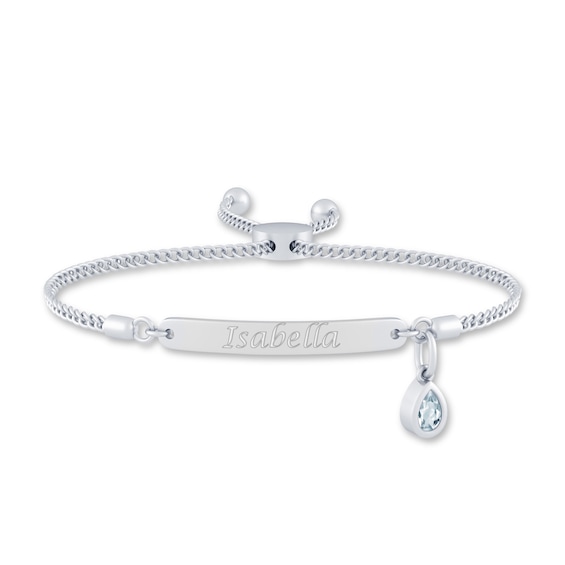 Engravable ID Plate with Pear-Shaped Birthstone Charm Bolo Bracelet (1 Stone and Line) - 8.5"