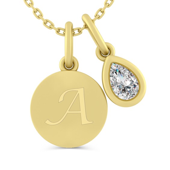 Engravable Initial Disc with Pear-Shaped Birthstone Charm Two Piece Pendant (1 Stone and Initial)