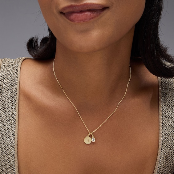 Engravable Initial Disc with Pear-Shaped Birthstone Charm Two Piece Pendant (1 Stone and Initial)